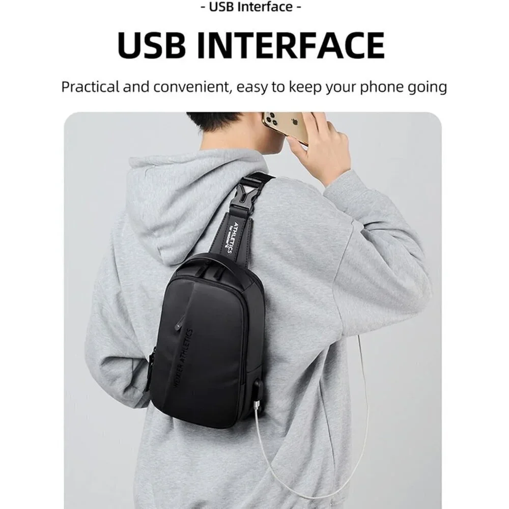💫 Men Black Crossbody Bag Sling Waterproof USB Charging Port Headphone Backpack